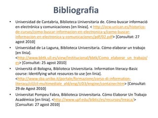 Bibliografia
•

•

•

•

Universidad de Cantabria, Biblioteca Universitaria de. Cómo buscar informació
en electrónica y comunicaciones [en líniea]. < http://ocw.unican.es/historicode-cursos/como-buscar-informacion-en-electronica-y/como-buscarinformacion-en-electronica-y-comunicaciones/pdf/02.pdf> [Consultat: 27
agost 2010]
Universidad de La Laguna, Biblioteca Universitaria. Cómo elaborar un trabajo
[en línia].
<http://www.bbtk.ull.es/view/institucional/bbtk/Como_elaborar_un_trabajo/
es> [Consultat: 25 agost 2010]
Università di Bologna, Biblioteca Universitaria. Information literacy-Basic
course: Identifying what resources to use [en línia].
<http://www.sba.unibo.it/portale/formazione/corso-di-informationliteracy/cil/cil-multimediale_old/eng/UD3/engine/container.htm> [Consultat:
29 de Agost 2010]
Universitat Pompeu Fabra, Biblioteca Universitaria. Cómo Elaborar Un Trabajo
Académico [en línia]. <http://www.upf.edu/bibtic/es/recursos/treaca/>
[Consultat: 27 agost 2010]

 