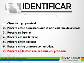 1. Observe o grupo atual;
2. Procure entre as pessoas que já participaram de grupos;
3. Procure na Igreja;
4. Procure em sua família;
5. Procure entre amigos;
6. Procure entre os novos convertidos;
7. Procure onde você não pensaria em procurar.
Dave Earley – Transformando Membros em Líderes
 