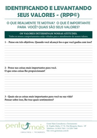Gente Mais Consultoria e Treinamento
R. Virgílio Malta, 17-76, Vila Mesquita, Bauru - SP
Telefones: 14 3010-7681 / 14 3203-7680
Site: www.gentemais.com.br
IDENTIFICANDO E LEVANTANDO
SEUS VALORES - (RPP©)
1 - Pense em três objetivos. Quando você alcançá-los o que você ganha com isso?
2 - Pense nas coisas mais importantes para você.
O que estas coisas lhe proporcionam?
3 - Quais são as coisas mais importantes para você na sua vida?
Pensar sobre isso, lhe traz quais sentimentos?
O QUE REALMENTE TE MOTIVA? O QUE É IMPORTANTE
PARA VOCÊ? QUAIS SÃO SEUS VALORES?
OS VALORES DETERMINAM NOSSAS ATITUDES.
Todos os nossos comportamentos estão voltados para o atendimento de nossos valores.
 