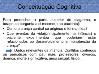 Conceituação Cognitiva 
Para preencher a parte superior do diagrama, o 
terapeuta pergunta a si mesmo(e ao paciente): 
• Como a crença central se originou e foi mantida? 
• Que eventos da vida(principalmente na infância) o 
paciente experimentou que poderiam estar 
relacionados ao desenvolvimento e manutenção da 
crença? 
Dados relevantes da infância: Conflitos contínuos 
ou periódicos com pai, mãe, professores, divórcio, 
doença, morte significativa, auso sexual, físico... 
 
