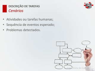DESCRIÇÃO DE TAREFAS
   Cenários

• Atividades ou tarefas humanas;
• Sequência de eventos esperado;
• Problemas detectados.




                                   Engenharia de Usabilidade
 