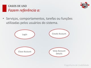 CASOS DE USO
   Fazem referência a:

• Serviços, comportamentos, tarefas ou funções
  utilizadas pelos usuários do sistema.


              Login             Create Account




          Close Account          View Account
                                    Details




                                            Engenharia de Usabilidade
 