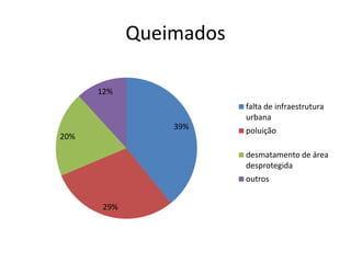 Queimados

      12%
                         falta de infraestrutura
                         urbana
                 39%     poluição
20%

                         desmatamento de área
                         desprotegida
                         outros


       29%
 