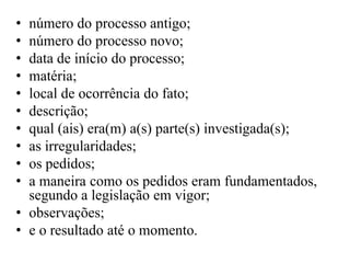 • número do processo antigo;
• número do processo novo;
• data de início do processo;
• matéria;
• local de ocorrência do fato;
• descrição;
• qual (ais) era(m) a(s) parte(s) investigada(s);
• as irregularidades;
• os pedidos;
• a maneira como os pedidos eram fundamentados,
  segundo a legislação em vigor;
• observações;
• e o resultado até o momento.
 