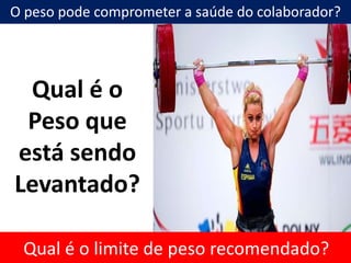 Qual é o
Peso que
está sendo
Levantado?
O peso pode comprometer a saúde do colaborador?
Qual é o limite de peso recomendado?
 