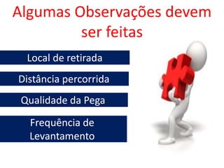 Algumas Observações devem
ser feitas
Local de retirada
Distância percorrida
Qualidade da Pega
Frequência de
Levantamento
 