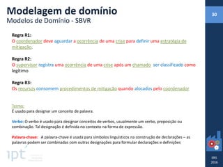 Modelagem de domínio
Modelos de Domínio - SBVR
30
Regra R1:
O coordenador deve aguardar a ocorrência de uma crise para definir uma estratégia de
mitigação.
Regra R2:
O supervisor registra uma ocorrência de uma crise após um chamado ser classificado como
legítimo
Regra R3:
Os recursos consomem procedimentos de mitigação quando alocados pelo coordenador
Termo:
É usado para designar um conceito de palavra.
Verbo: O verbo é usado para designar conceitos de verbos, usualmente um verbo, preposição ou
combinação. Tal designação é definida no contexto na forma de expressão.
Palavra-chave: A palavra-chave é usada para símbolos linguísticos na construção de declarações – as
palavras podem ser combinadas com outras designações para formular declarações e definições
 