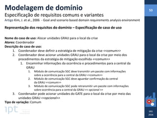 Representação dos requisitos do domínio – Especificação de caso de uso
Nome do caso de uso: Alocar unidades GRAU para o local da crise
Atores: Coordenador
Descrição do caso de uso:
1. Coordenador deve definir a estratégia de mitigação da crise <<comum>>
2. Coordenador deve acionar unidades GRAU para o local da crise por meio dos
procedimentos da estratégia de mitigação escolhida <<comum>>
1. Encaminhar informações da ocorrência e procedimentos para a central da
GRAU
1. Módulo de comunicação SGC deve transmitir um pacote com informações
sobre a ocorrência para a central da GRAU <<comum>>
2. Módulo de comunicação SGC deve aguardar confirmação da central
da GRAU <<comum>>
3. Módulo de comunicação SGC pode retransmitir um pacote com informações
sobre ocorrência para a central da GRAU << opcional >>
3. Coordenador pode acionar unidades do GATE para o local da crise por meio das
unidades GRAU <<opcional>>
Tipo de variação: Comum
Modelagem de domínio
Especificação de requisitos comuns e variantes
Artigo Kim, J. et al., 2006 - Goal and scenario based domain requirements analysis environment
53
 