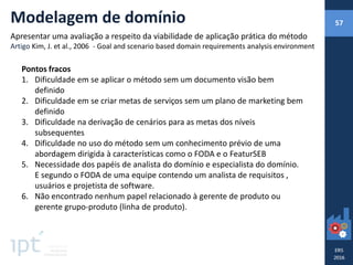 Pontos fracos
1. Dificuldade em se aplicar o método sem um documento visão bem
definido
2. Dificuldade em se criar metas de serviços sem um plano de marketing bem
definido
3. Dificuldade na derivação de cenários para as metas dos níveis
subsequentes
4. Dificuldade no uso do método sem um conhecimento prévio de uma
abordagem dirigida à características como o FODA e o FeaturSEB
5. Necessidade dos papéis de analista do domínio e especialista do domínio.
E segundo o FODA de uma equipe contendo um analista de requisitos ,
usuários e projetista de software.
6. Não encontrado nenhum papel relacionado à gerente de produto ou
gerente grupo-produto (linha de produto).
Modelagem de domínio
Apresentar uma avaliação a respeito da viabilidade de aplicação prática do método
Artigo Kim, J. et al., 2006 - Goal and scenario based domain requirements analysis environment
57
 