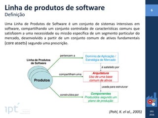 Uma Linha de Produtos de Software é um conjunto de sistemas intensivos em
software, compartilhando um conjunto controlado de características comuns que
satisfazem a uma necessidade ou missão específica de um segmento particular do
mercado, desenvolvido a partir de um conjunto comum de ativos fundamentais
(core assets) segundo uma prescrição.
Linha de produtos de software
Definição
(Pohl, K. el al., 2005)
6
 