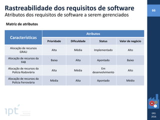 Rastreabilidade dos requisitos de software 66
Atributos dos requisitos de software a serem gerenciados
Matriz de atributos
Características
Atributos
Prioridade Dificuldade Status Valor de negócio
Alocação de recursos
GRAU
Alta Média Implementado Alto
Alocação de recursos da
FAB
Baixa Alta Apontado Baixo
Alocação de recursos da
Polícia Rodoviária
Alta Média
Em
desenvolvimento
Alto
Alocação de recursos da
Polícia Ferroviária
Média Alta Apontado Médio
 