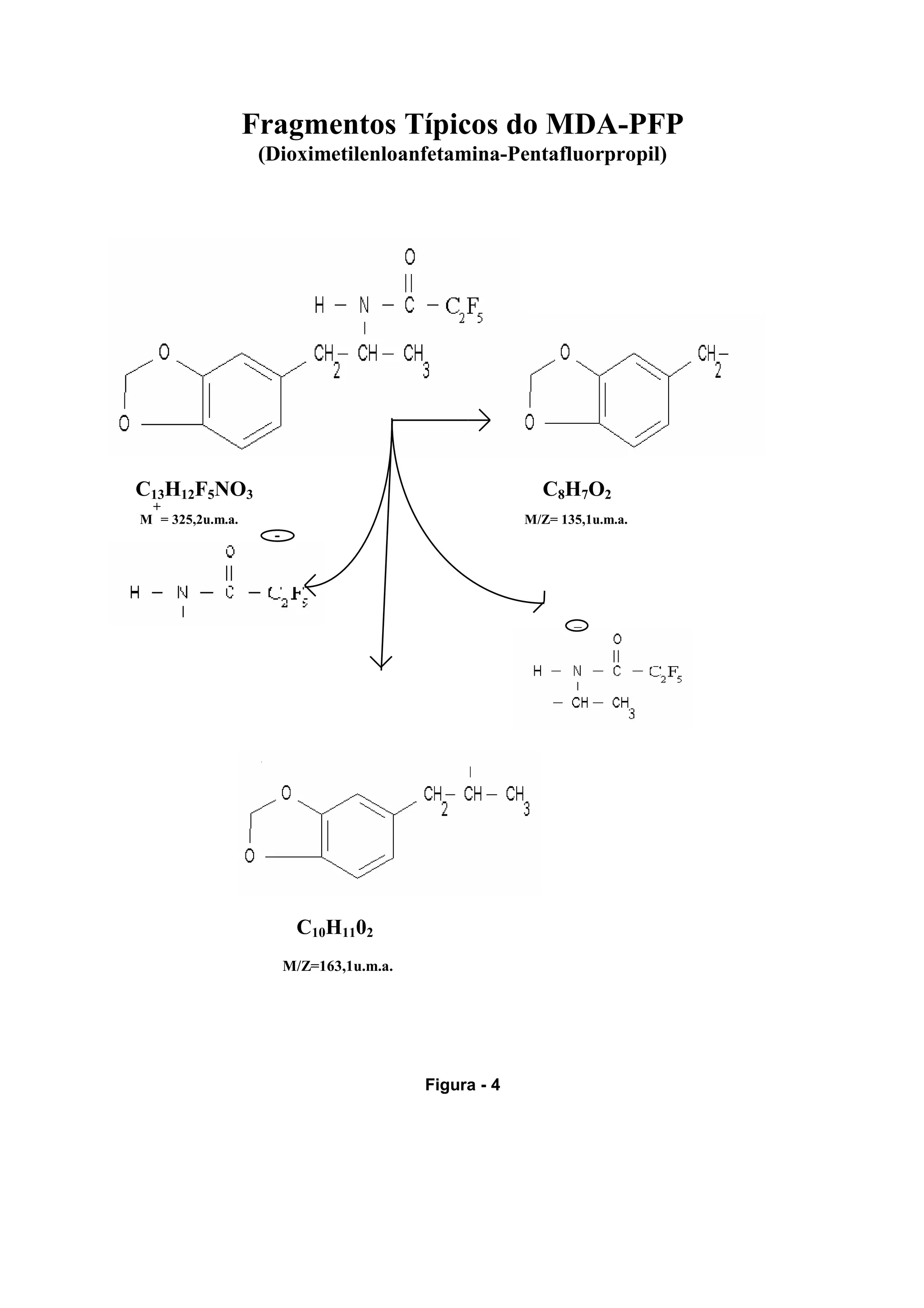 Fragmentos Típicos do MDA-PFP
                   (Dioximetilenloanfetamina-Pentafluorpropil)




C13H12F5NO3                                              C8H7O2
 +
M = 325,2u.m.a.                                        M/Z= 135,1u.m.a.
                    -




                                                              _




                         C10H1102
                        M/Z=163,1u.m.a.




                                          Figura - 4
 