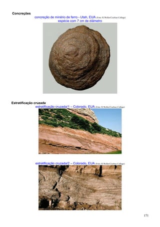 171
Concreções
concreção de minério de ferro - Utah, EUA (Foto: R.Weller/Cochise College)
espécie com 7 cm de diâmetro
Estratificação cruzada
estratificação cruzada/1 – Colorado, EUA (Foto: R.Weller/Cochise College)
estratificação cruzada/2 – Colorado, EUA (Foto: R.Weller/Cochise College)
 