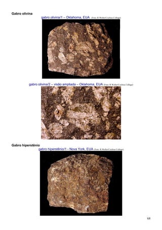 68
Gabro olivina
gabro olivina/1 – Oklahoma, EUA (Foto: R.Weller/Cochise College)
gabro olivina/2 – visão ampliada – Oklahoma, EUA (Foto: R.Weller/Cochise College)
Gabro hiperstênio
gabro hiperstênio/1 - Nova York, EUA (Foto: R.Weller/Cochise College)
 