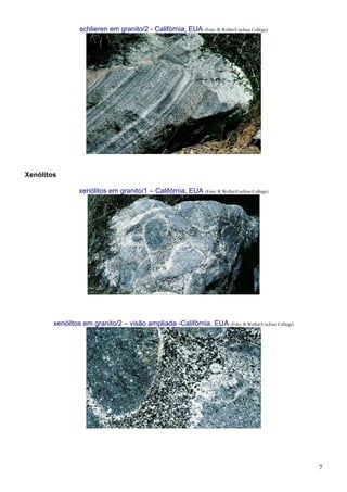 7
schlieren em granito/2 - Califórnia, EUA (Foto: R.Weller/Cochise College)
Xenólitos
xenólitos em granito/1 – Califórnia, EUA (Foto: R.Weller/Cochise College)
xenólitos em granito/2 – visão ampliada -Califórnia, EUA (Foto: R.Weller/Cochise College)
 