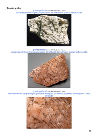 77
Granito gráfico
granito gráfico/1 (Foto: R.Weller/Cochise College)
intercrescimento de granulação grossa de feldspato e quartzo esfumaçado
granito gráfico/2 (Foto: R.Weller/Cochise College)
intercrescimento de granulação grossa de feldspato cor salmão e quartzo esfumaçado
granito gráfico/3 (Foto: R.Weller/Cochise College)
intercrescimento de granulação grossa de feldspato cor salmão e quartzo esfumaçado – visão
ampliada
 