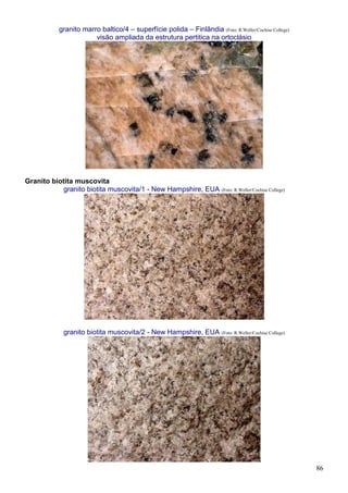 86
granito marro baltico/4 – superfície polida – Finlândia (Foto: R.Weller/Cochise College)
visão ampliada da estrutura pertitica na ortoclásio
Granito biotita muscovita
granito biotita muscovita/1 - New Hampshire, EUA (Foto: R.Weller/Cochise College)
granito biotita muscovita/2 - New Hampshire, EUA (Foto: R.Weller/Cochise College)
 
