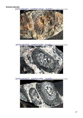 87
Granito orbicular
granito orbicular/1 – superfície natural – Austrália (Foto: R.Weller/Cochise College)
granito orbicular/2 – superfície polida – Austrália (Foto: R.Weller/Cochise College)
granito orbicular/3 – superfície polida – Austrália (Foto: R.Weller/Cochise College)
 