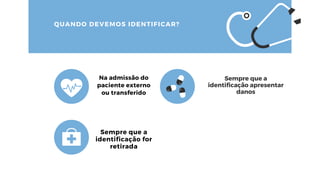 QUANDO DEVEMOS IDENTIFICAR?
Sempre que a
identificação for
retirada
Sempre que a
identificação apresentar
danos
Na admissão do
paciente externo
ou transferido
 