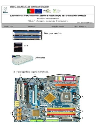 ESCOLA SECUNDÁRIA DE DOMINGOS SEQUEIRA
CURSO PROFISSIONAL TÉCNICO DE GESTÃO E PROGRAMAÇÃO DE SISTEMAS INFORMÁTICOS
Arquitetura de computadores
Módulo 2 – Montagem e configuração de computadores
Ano letivo 2014/2015
Turma: 1ºD Ficha3 M2 Duração:100min Data: janeiro/2015
Slots para memória
USB
Conectores
2. Faz a legenda da seguinte motherboard.
 