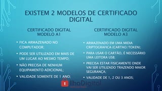 EXISTEM 2 MODELOS DE CERTIFICADO
DIGITAL
CERTIFICADO DIGITAL
MODELO A1
• FICA ARMAZENADO NO
COMPUTADOR;
• PODE SER UTILIZADO EM MAIS DE
UM LUGAR AO MESMO TEMPO;
• NÃO PRECISA DE NENHUM
EQUIPAMENTO ADICIONAL;
• VALIDADE SOMENTE DE 1 ANO;
CERTIFICADO DIGITAL
MODELO A3
• ARMAZENADO EM UMA MIDIA
CRIPTOGRAFICA (CARTAO/TOKEN);
• PARA USAR O CARTÃO, É NECESSÁRIO
UMA LEITORA USB;
• PRECISA ESTAR FISICAMENTE ONDE
VAI SER UTILIZADO TRAZENDO MAIOR
SEGURANÇA;
• VALIDADE DE 1, 2 OU 3 ANOS;
 