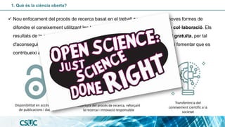 1. Què és la ciència oberta?
Disponibilitat en accés obert
de publicacions i dades
Transferència del
coneixement científic...