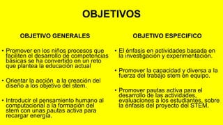 OBJETIVOS
OBJETIVO GENERALES
• Promover en los niños procesos que
faciliten el desarrollo de competencias
básicas se ha convertido en un reto
que plantea la educación actual
• Orientar la acción a la creación del
diseño a los objetivo del stem.
• Introducir el pensamiento humano al
computacional a la formación del
stem con unas pautas activa para
recargar energía.
OBJETIVO ESPECIFICO
• El énfasis en actividades basada en
la investigación y experimentación.
• Promover la capacidad y diversa a la
fuerza del trabajo stem en equipo.
• Promover pautas activa para el
desarrollo de las actividades,
evaluaciones a los estudiantes, sobre
la énfasis del proyecto del STEM.
 