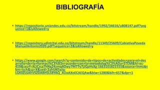 BIBLIOGRAFÍA
• https://repositorio.uniandes.edu.co/bitstream/handle/1992/34616/u808147.pdf?seq
uence=1&isAllowed=y
• https://repository.udistrital.edu.co/bitstream/handle/11349/25609/CabiativaPoveda
ManuelAntonio2020.pdf?sequence=2&isAllowed=y
• https://www.google.com/search?q=contenido+de+tipos+de+actividades+para+el+des
arrollo+de+la+formaci%C3%B3n+acorde+con+la+metodolog%C3%ADa+STEM&hl=es-
419&sxsrf=ALiCzsa7hNq24zmq4Owy7M77y7jJQaHsXg:1663101821555&source=lnms&t
bm=isch&sa=X&ved=2ahUKEwiq-
LGK0ZL6AhVSZDABHSLSBYAQ_AUoAXoECAEQAw&biw=1280&bih=657&dpr=1
 