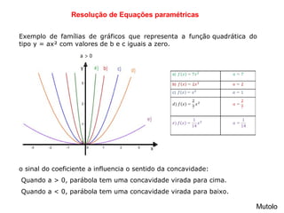Resolução de Equações paramétricas
Mutolo
Exemplo de famílias de gráficos que representa a função quadrática do
tipo y = ax² com valores de b e c iguais a zero.
o sinal do coeficiente a influencia o sentido da concavidade:
Quando a > 0, parábola tem uma concavidade virada para cima.
Quando a < 0, parábola tem uma concavidade virada para baixo.
 