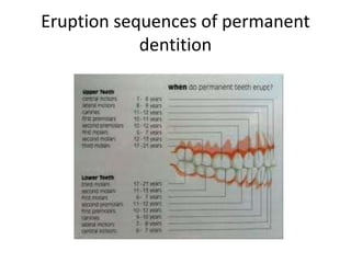 Eruption sequences of permanent
dentition
 