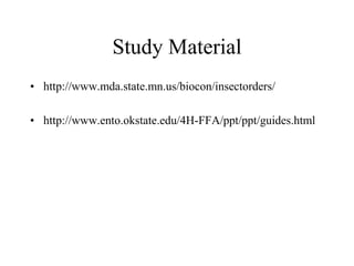 Study Material
• http://www.mda.state.mn.us/biocon/insectorders/
• http://www.ento.okstate.edu/4H-FFA/ppt/ppt/guides.html
 