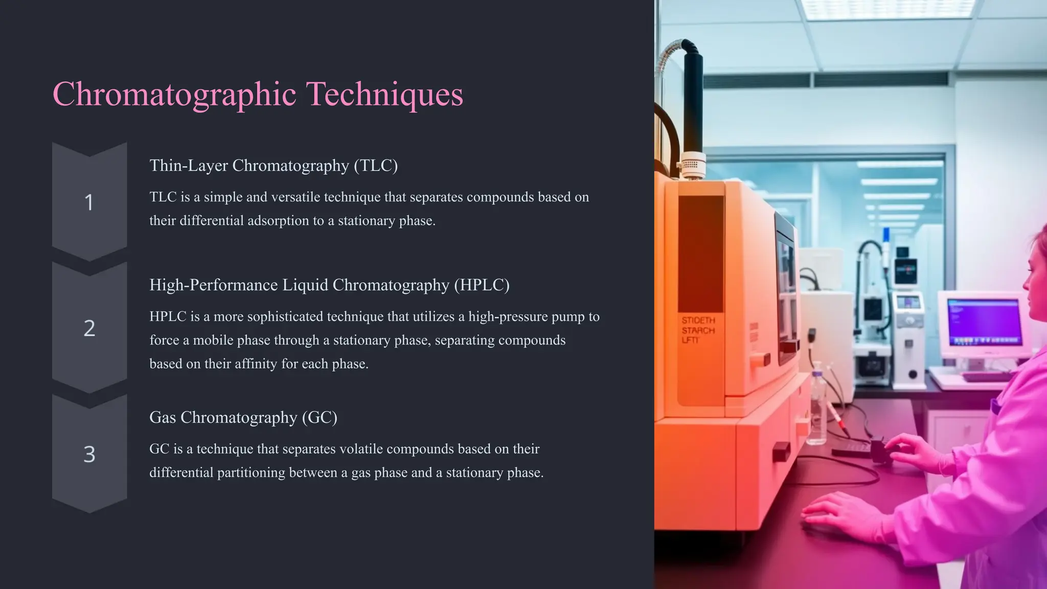 Chromatographic Techniques
Thin-Layer Chromatography (TLC)
TLC is a simple and versatile technique that separates compounds based on
their differential adsorption to a stationary phase.
High-Performance Liquid Chromatography (HPLC)
HPLC is a more sophisticated technique that utilizes a high-pressure pump to
force a mobile phase through a stationary phase, separating compounds
based on their affinity for each phase.
Gas Chromatography (GC)
GC is a technique that separates volatile compounds based on their
differential partitioning between a gas phase and a stationary phase.
 