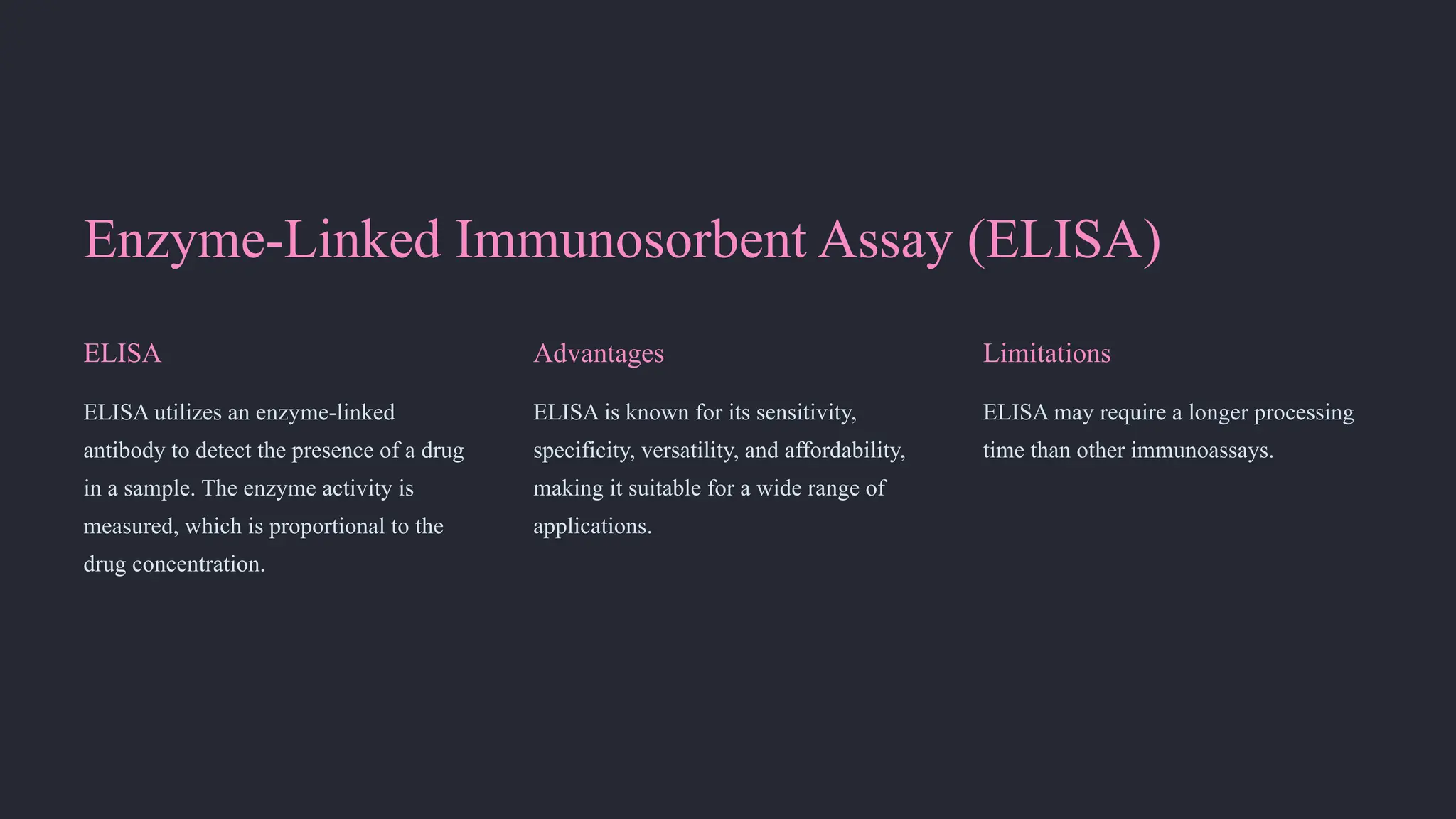 Enzyme-Linked Immunosorbent Assay (ELISA)
ELISA
ELISA utilizes an enzyme-linked
antibody to detect the presence of a drug
in a sample. The enzyme activity is
measured, which is proportional to the
drug concentration.
Advantages
ELISA is known for its sensitivity,
specificity, versatility, and affordability,
making it suitable for a wide range of
applications.
Limitations
ELISA may require a longer processing
time than other immunoassays.
 