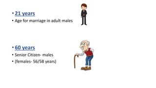 • 21 years
• Age for marriage in adult males
• 60 years
• Senior Citizen- males
• (females- 56/58 years)
 