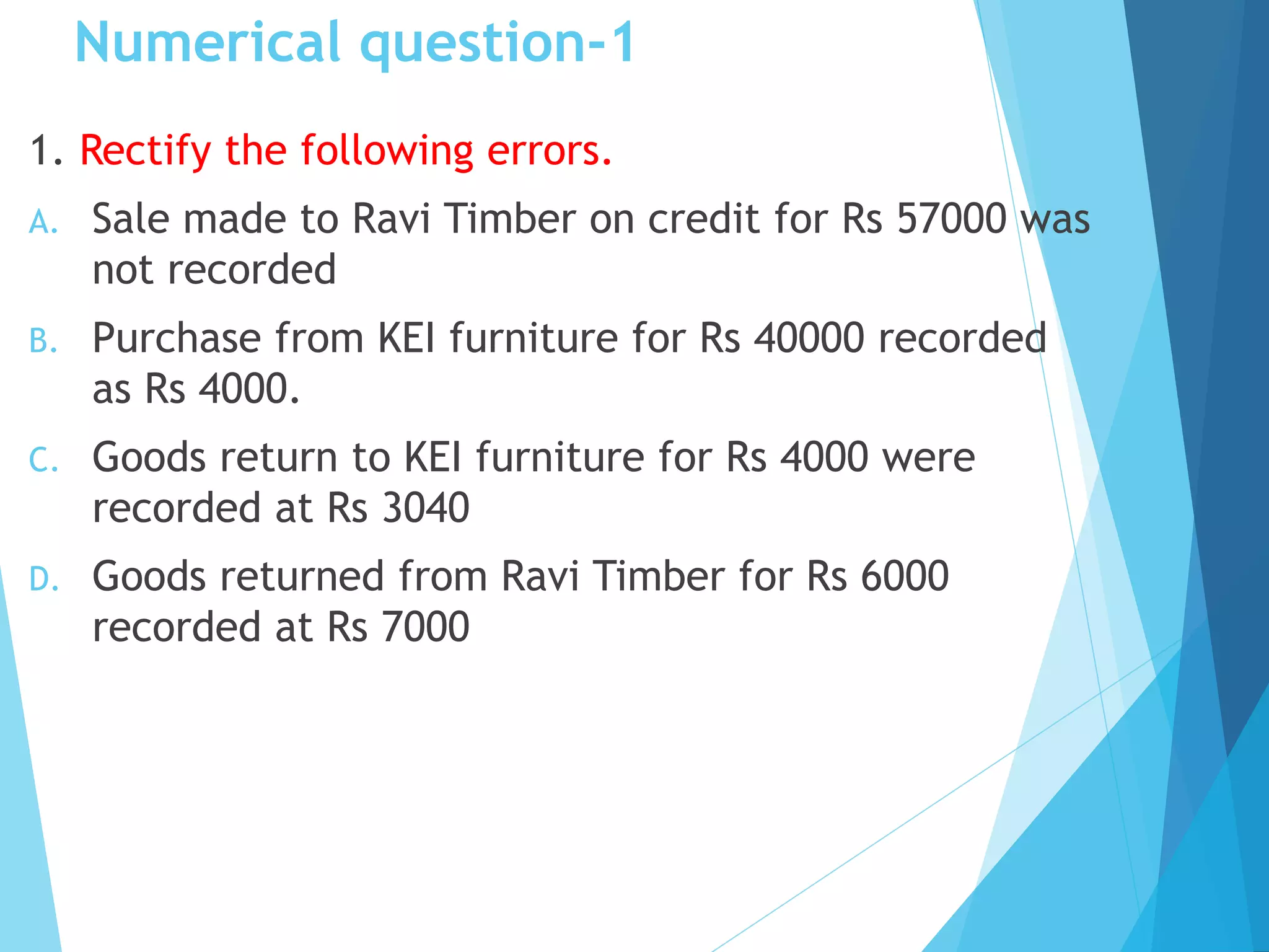 Numerical question-1
1. Rectify the following errors.
A. Sale made to Ravi Timber on credit for Rs 57000 was
not recorded
B. Purchase from KEI furniture for Rs 40000 recorded
as Rs 4000.
C. Goods return to KEI furniture for Rs 4000 were
recorded at Rs 3040
D. Goods returned from Ravi Timber for Rs 6000
recorded at Rs 7000
 