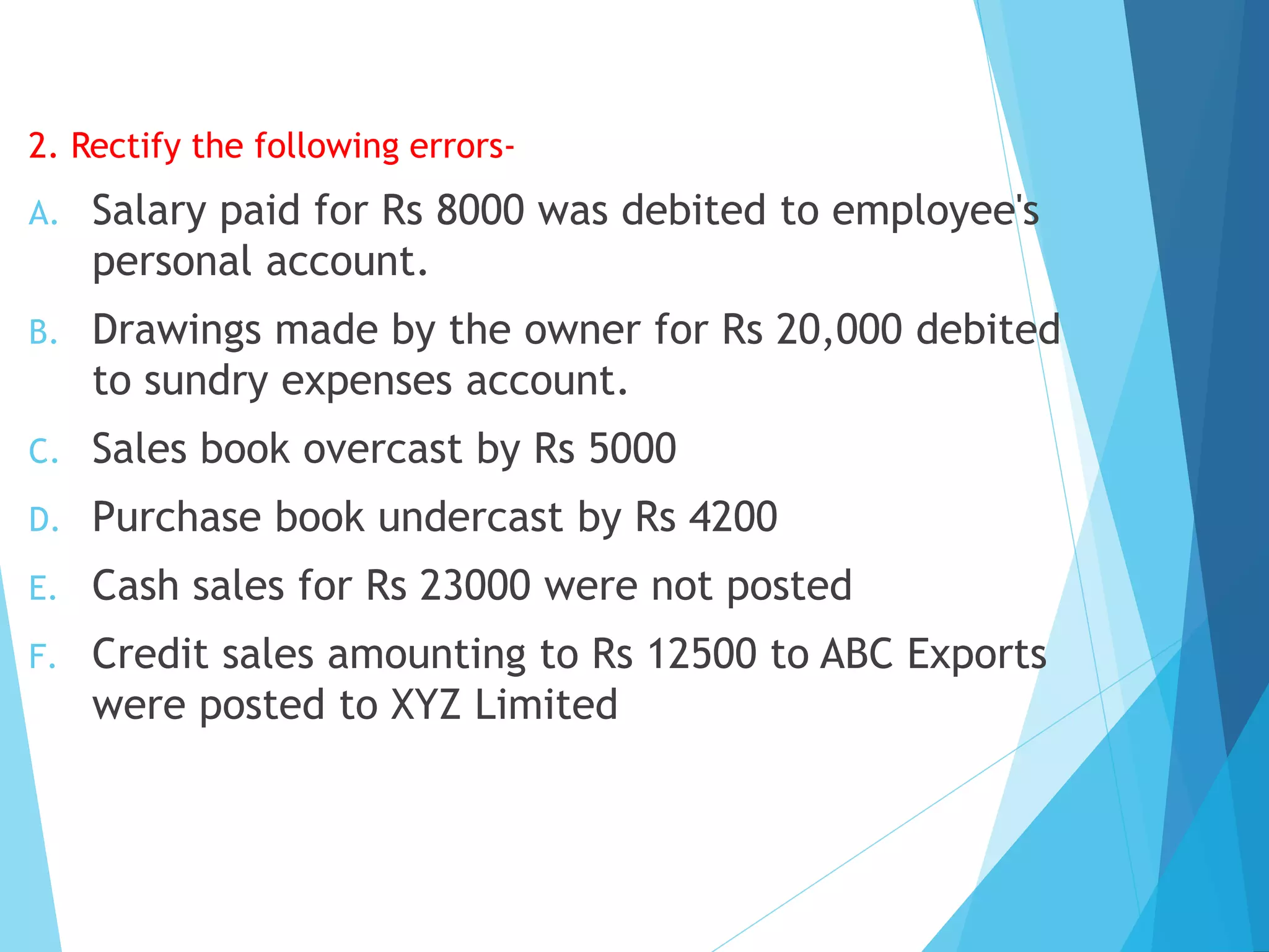 2. Rectify the following errors-
A. Salary paid for Rs 8000 was debited to employee's
personal account.
B. Drawings made by the owner for Rs 20,000 debited
to sundry expenses account.
C. Sales book overcast by Rs 5000
D. Purchase book undercast by Rs 4200
E. Cash sales for Rs 23000 were not posted
F. Credit sales amounting to Rs 12500 to ABC Exports
were posted to XYZ Limited
 