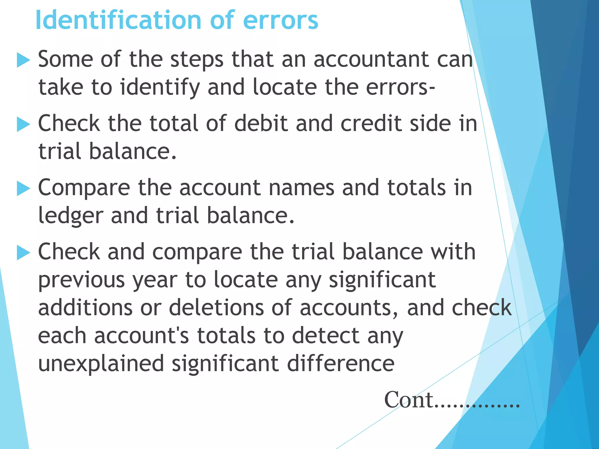 Identification of errors
 Some of the steps that an accountant can
take to identify and locate the errors-
 Check the total of debit and credit side in
trial balance.
 Compare the account names and totals in
ledger and trial balance.
 Check and compare the trial balance with
previous year to locate any significant
additions or deletions of accounts, and check
each account's totals to detect any
unexplained significant difference
Cont…………..
 