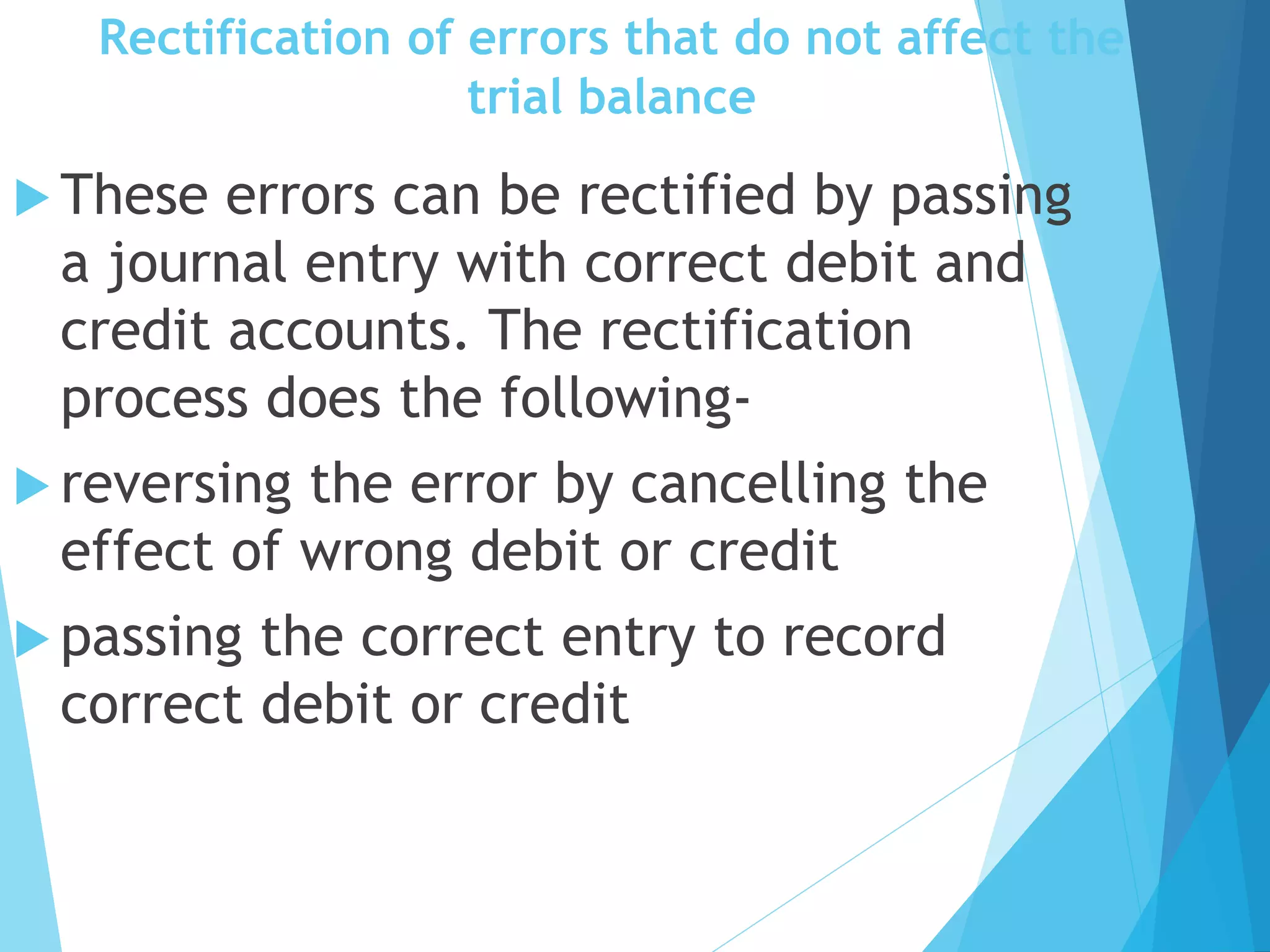 Rectification of errors that do not affect the
trial balance
 These errors can be rectified by passing
a journal entry with correct debit and
credit accounts. The rectification
process does the following-
 reversing the error by cancelling the
effect of wrong debit or credit
 passing the correct entry to record
correct debit or credit
 