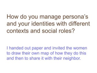 How do you manage persona’s
and your identities with different
contexts and social roles?

I handed out paper and invited the women
to draw their own map of how they do this
and then to share it with their neighbor.
 