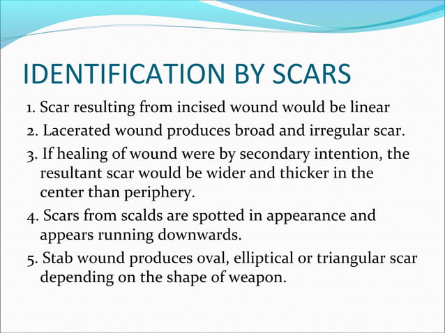 IDENTIFICATION BY SCARS, TATOO MARKS, FINGER PRINT, FOOT PRINTS , SHOE ...