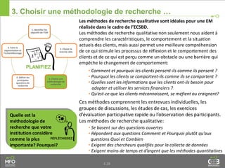 1. Identifier les
objectifs de l’EM
2. Choisir le
marché cible
3. Choisir une
méthodologie de
recherche
4. Définir les
principales
questions de
recherche
5. Faire la
segmentation et
l’échantillonnage
4.28
3. Choisir une méthodologie de recherche …
Quelle est la
méthodologie de
recherche que votre
institution considère
comme la plus
importante? Pourquoi?
Les méthodes de recherche qualitative sont idéales pour une EM
réalisée dans le cadre de l’ECSBD.
Les méthodes de recherche qualitative non seulement nous aident à
comprendre les caractéristiques, le comportement et la situation
actuels des clients, mais aussi permet une meilleure compréhension
de ce qui stimule les processus de réflexion et le comportement des
clients et de ce qui est perçu comme un obstacle ou une barrière qui
empêche le changement de comportement:
Ces méthodes comprennent les entrevues individuelles, les
groupes de discussions, les études de cas, les exercices
d’évaluation participative rapide ou l’observation des participants.
Les méthodes de recherche qualitative:
• Comment et pourquoi les clients pensent-ils comme ils pensent ?
• Pourquoi les clients se comportent-ils comme ils se comportent ?
• Quelles sont les informations que les clients ont-ils besoin pour
adopter et utiliser les services financiers ?
• Qu’est-ce que les clients méconnaissent, se méfient ou craignent?
• Se basent sur des questions ouvertes
• Répondent aux questions Comment et Pourquoi plutôt qu’aux
questions Quoi et Combien
• Exigent des chercheurs qualifiés pour la collecte de données
• Exigent moins de temps et d’argent que les méthodes quantitatives
 