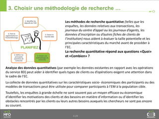 1. Identifier les
objectifs de l’EM
2. Choisir le
marché cible
3. Choisir une
méthodologie de
recherche
4. Définir les
principales
questions de
recherche
5. Faire la
segmentation et
l’échantillonnage
4.29
3. Choisir une méthodologie de recherche …
Les méthodes de recherche quantitative (telles que les
enquêtes, les données relatives aux transactions, les
journaux du centre d’appel ou les journaux d’agents, les
données d’inscription ou d’autres fiches de clients de
l’institution) nous aident à évaluer la taille potentielle et les
principales caractéristiques du marché avant de procéder à
l’EC.
La recherche quantitative répond aux questions
«Quoi» et «Combien»?
Analyse des données quantitatives (par exemple les données existantes en rapport avec les opérations
du service BD) peut aider à identifier quels types de clients ou d’opérations exigent une attention dans
le cadre de l’EC.
La collecte de données quantitatives sur les caractéristiques socio- économiques des participants ou des
modèles de transactions peut être utilisée pour comparer participants à l’EM à la population cible.
Toutefois, les enquêtes à grande échelle ne sont souvent pas un moyen efficace ou économique
d’identifier les motivations des clients et des besoins en matière d’information ou d’identifier les
obstacles rencontrés par les clients ou leurs autres besoins auxquels les chercheurs ne sont pas encore
au courant.
 