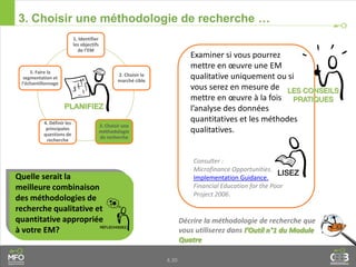 4.30
3. Choisir une méthodologie de recherche …
Examiner si vous pourrez
mettre en œuvre une EM
qualitative uniquement ou si
vous serez en mesure de
mettre en œuvre à la fois
l’analyse des données
quantitatives et les méthodes
qualitatives.
Décrire la méthodologie de recherche que
vous utiliserez dans l’Outil n°1 du Module
Quatre
Quelle serait la
meilleure combinaison
des méthodologies de
recherche qualitative et
quantitative appropriée
à votre EM?
Consulter :
Microfinance Opportunities.
Guide d'Adaptation, Financial
Education for the Poor Project
2006 dans les Ressources
Supplémentaires.
1. Identifier
les objectifs
de l’EM
2. Choisir le
marché cible
3. Choisir une
méthodologie
de recherche
4. Définir les
principales
questions de
recherche
5. Faire la
segmentation et
l’échantillonnage
 