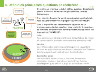 1. Identifier les
objectifs de l’EM
2. Choisir le
marché cible
3. Choisir une
méthodologie de
recherche
4. Définir les
principales
questions de
recherche
5. Faire la
segmentation et
l’échantillonnage
4.31
4. Définir les principales questions de recherche…
Faisable
Utile
Essentiel
En général, un ensemble réduit et ciblé de questions de recherche
permet d’aboutir à des recherches plus crédibles, utiles et
économiques.
Si les objectifs de notre EM sont trop vastes et de portée globale,
nous pouvons tomber dans le piège de vouloir savoir «tout»!
Dans la plupart des cas, il est nécessaire de passer par un
processus permettant de peaufiner et de réorienter les questions
de recherche en fonction des objectifs de l’EM pour se limiter aux
informations ESSENTIELLES.
Utile:
Nous commençons généralement notre EM sur la base de «Ce qui
est utile de savoir». Ceci tend inévitablement à être trop vaste.
Faisable :
Une réflexion et un examen approfondis peuvent vous aider à
focaliser les questions de recherche sur «Ce qui peut être faisable»
dans le respect de votre calendrier et de votre budget.
Essentiel de savoir :
Une autre série de discussions et d’examen des données
secondaires existantes devrait vous permettre de focaliser
davantage vos questions sur «Ce qui est essentiel de savoir».
 