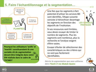 1. Identifier les
objectifs de
l’EM
2. Choisir le
marché cible
3. Choisir une
méthodologie
de recherche
4. Définir les
principales
questions de
recherche
5. Faire la
segmentation et
l’échantillonnage
4.34
5. Faire l’échantillonnage et la segmentation…
Une fois que les segments à fort
potentiel d’utiliser les services BD
sont identifiés, l’étape suivante
consiste à hiérarchiser davantage
les segments en fonction des
objectifs de l’institution.
Si vos ressources sont limitées,
vous devez essayer de limiter le
nombre de segments. Plus les
segments sont nombreux, plus la
recherche et l’analyse exigent
d’être vastes.
Essayer d’éviter de sélectionner des
caractéristiques ou des critères qui
ne sont pas facilement
identifiables.
Décrire la segmentation que vous utiliserez
dans l’Outil n°1 du Module Quatre
Pourquoi les utilisateurs ‘actifs’ et
‘inactifs’ constitueraient-ils une
variable clé de segmentation
devant être intégrée dans votre
EM réalisée dans le cadre de
l’ECSBD?
 