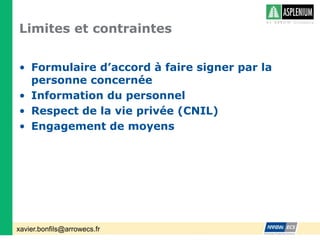 Limites et contraintesFormulaire d’accord à faire signer par la personne concernéeInformation du personnelRespect de la vie privée (CNIL)Engagement de moyens
