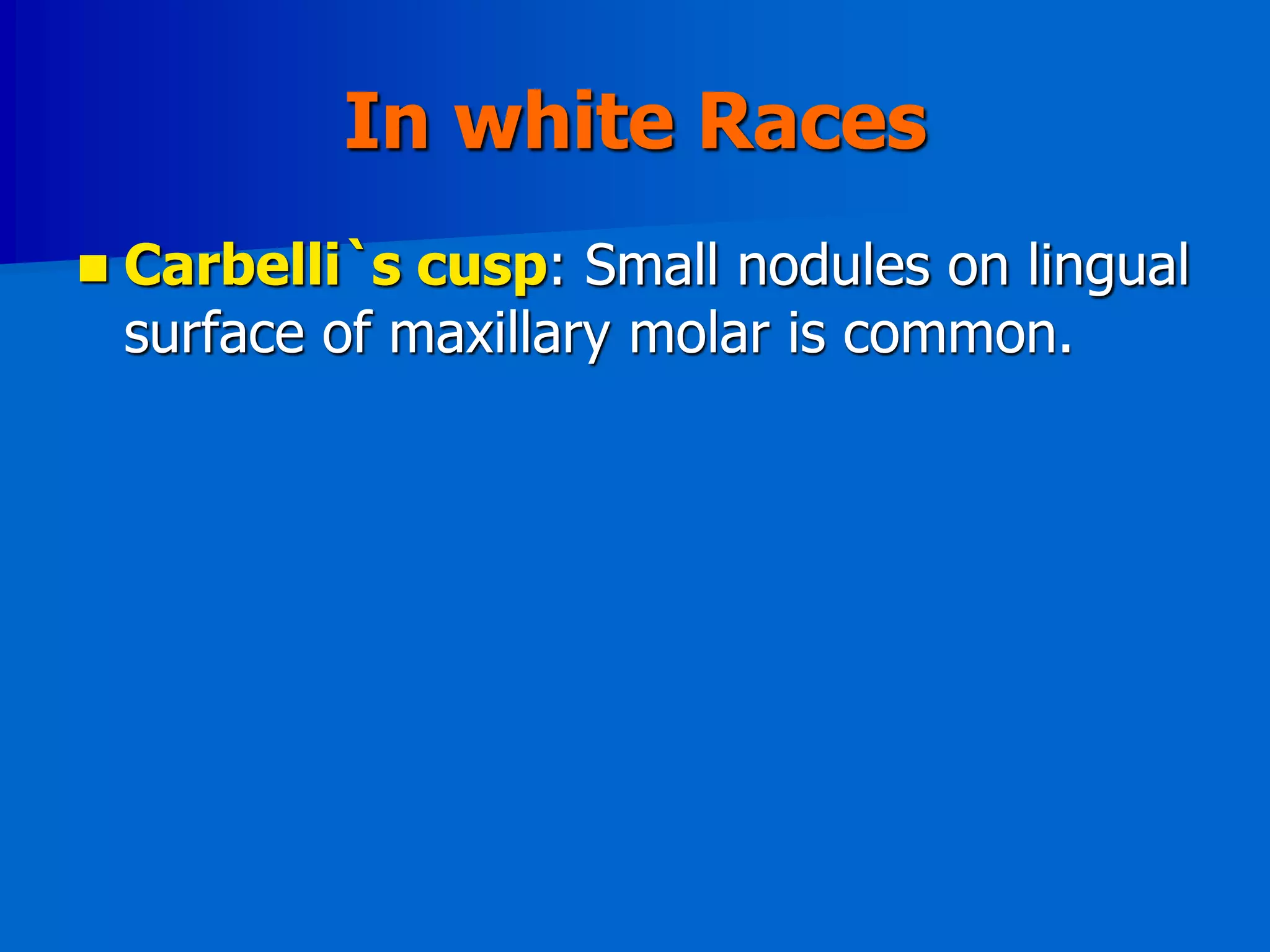 In white Races
 Carbelli`s cusp: Small nodules on lingual
surface of maxillary molar is common.
 