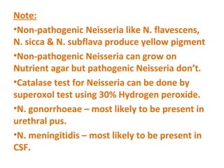 Note: Non-pathogenic Neisseria like N. flavescens, N. sicca & N. subflava produce yellow pigment Non-pathogenic Neisseria can grow on Nutrient agar but pathogenic Neisseria don’t. Catalase test for Neisseria can be done by superoxol test using 30% Hydrogen peroxide. N. gonorrhoeae – most likely to be present in urethral pus. N. meningitidis – most likely to be present in CSF. 