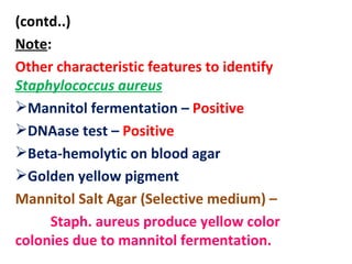 (contd..) Note :  Other characteristic features to identify  Staphylococcus aureus Mannitol fermentation –  Positive  DNAase test –  Positive   Beta-hemolytic on blood agar  Golden yellow pigment  Mannitol Salt Agar (Selective medium) –  Staph. aureus produce yellow color colonies due to mannitol fermentation.  