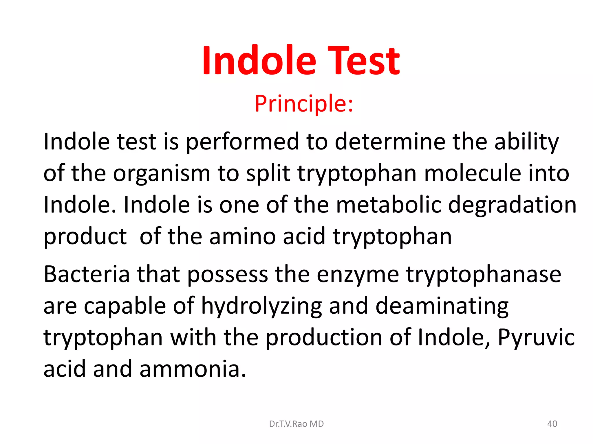 Indole Test
Principle:
Indole test is performed to determine the ability
of the organism to split tryptophan molecule into
Indole. Indole is one of the metabolic degradation
product of the amino acid tryptophan
Bacteria that possess the enzyme tryptophanase
are capable of hydrolyzing and deaminating
tryptophan with the production of Indole, Pyruvic
acid and ammonia.
Dr.T.V.Rao MD 40
 